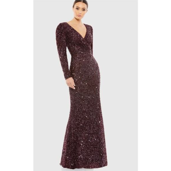 MAC DUGGAL Dress Size 16 Evening Gown Sequin NEW Deep Purple Puff Shoulder - Picture 1 of 8